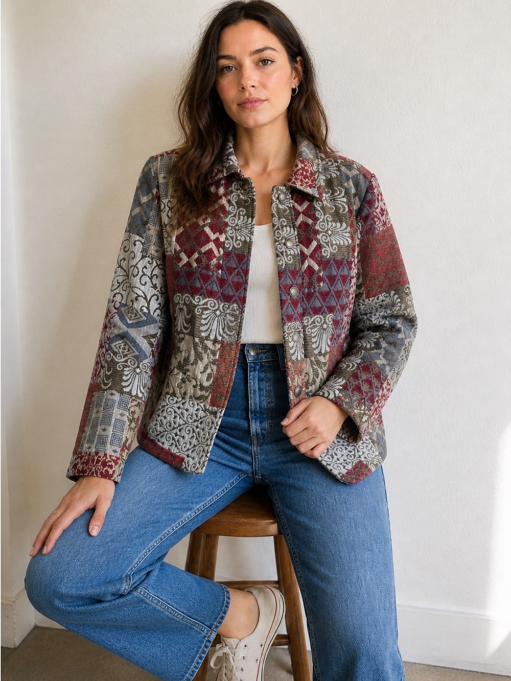 Christopher & Banks Tapestry Jacket Patchwork Button Front Boho Vintage - M